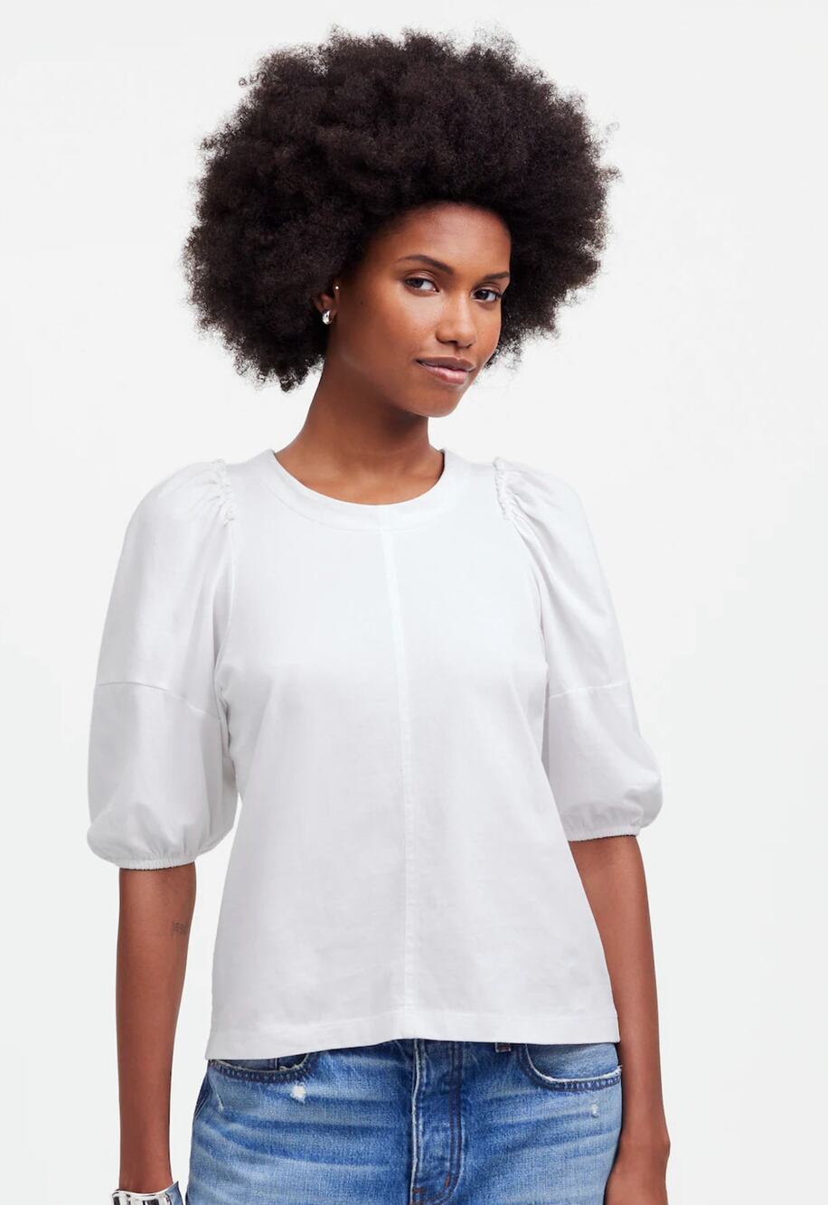 Madewell NWT Womens XS White Puff-Sleeve Tee Ruffle Trim Cotton Knit Top NT331